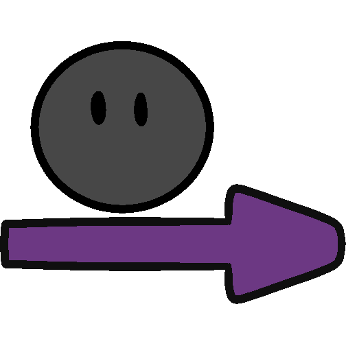 A gray circle with eyes over a purple arrow pointing right.